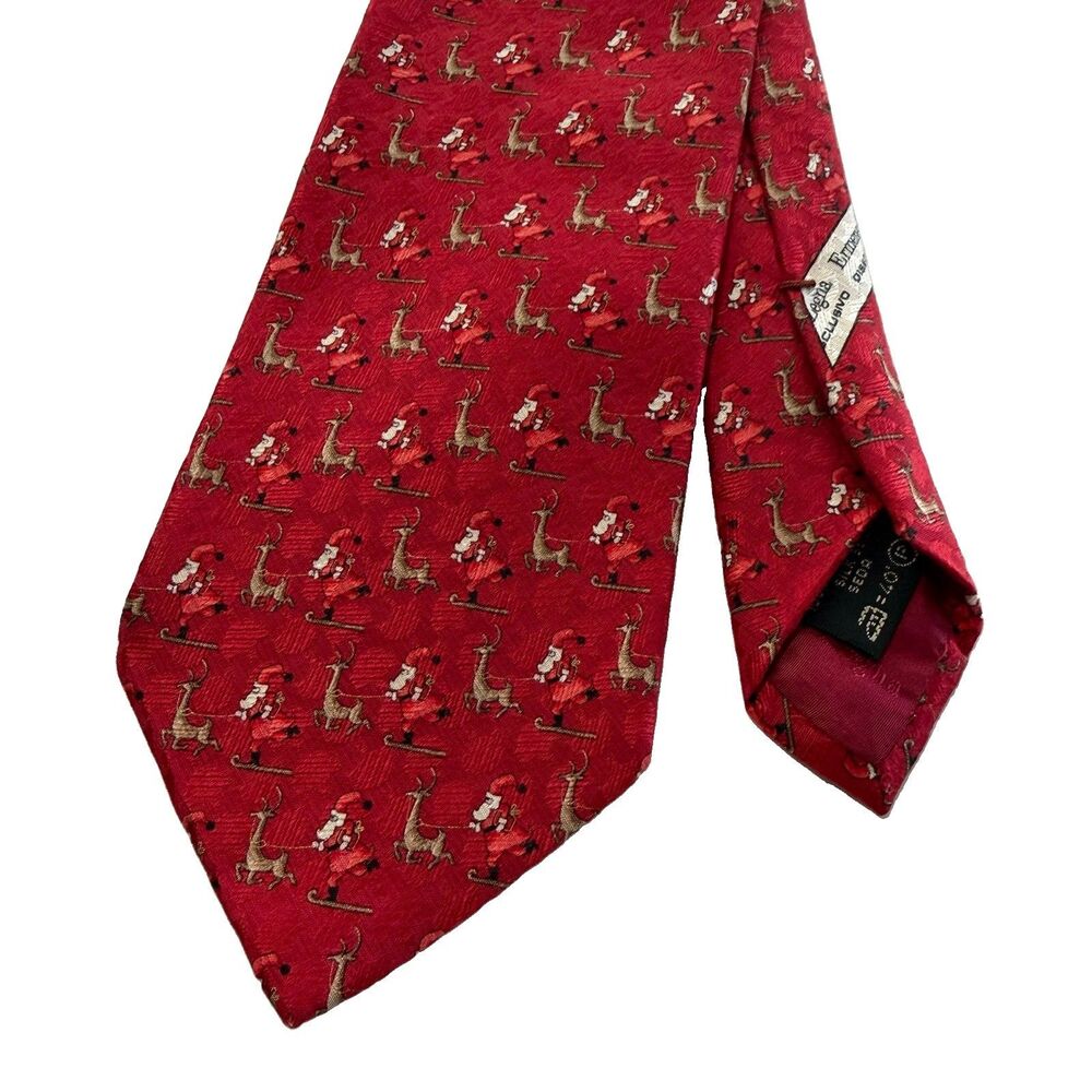 Ermenegildo Zegna Silk Tie Red Santa Reindeer Print Made in Italy Mens 58”